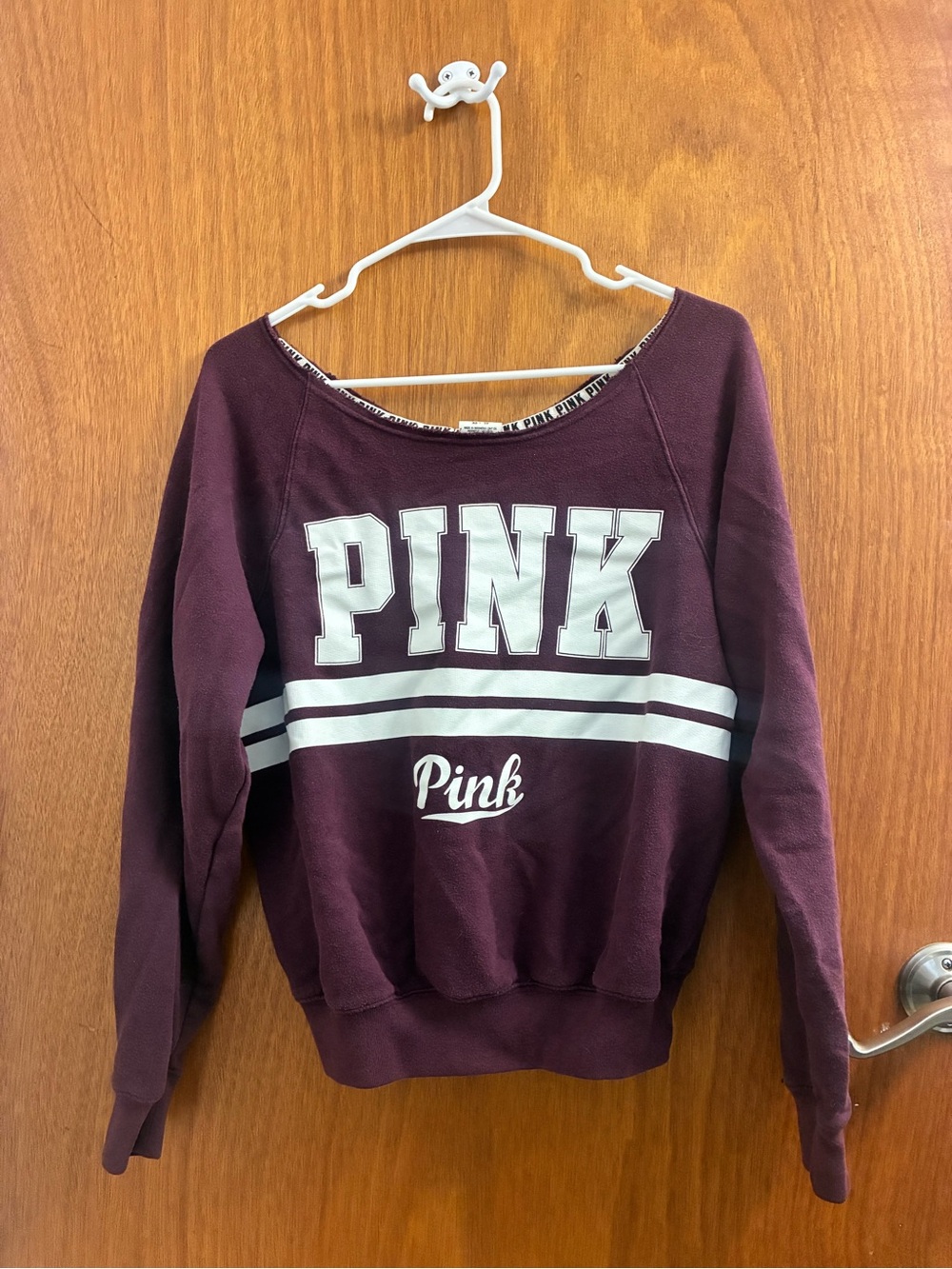 PINK Victoria's Secret Maroon Off-Shoulder Sweatshirt with White Stripes